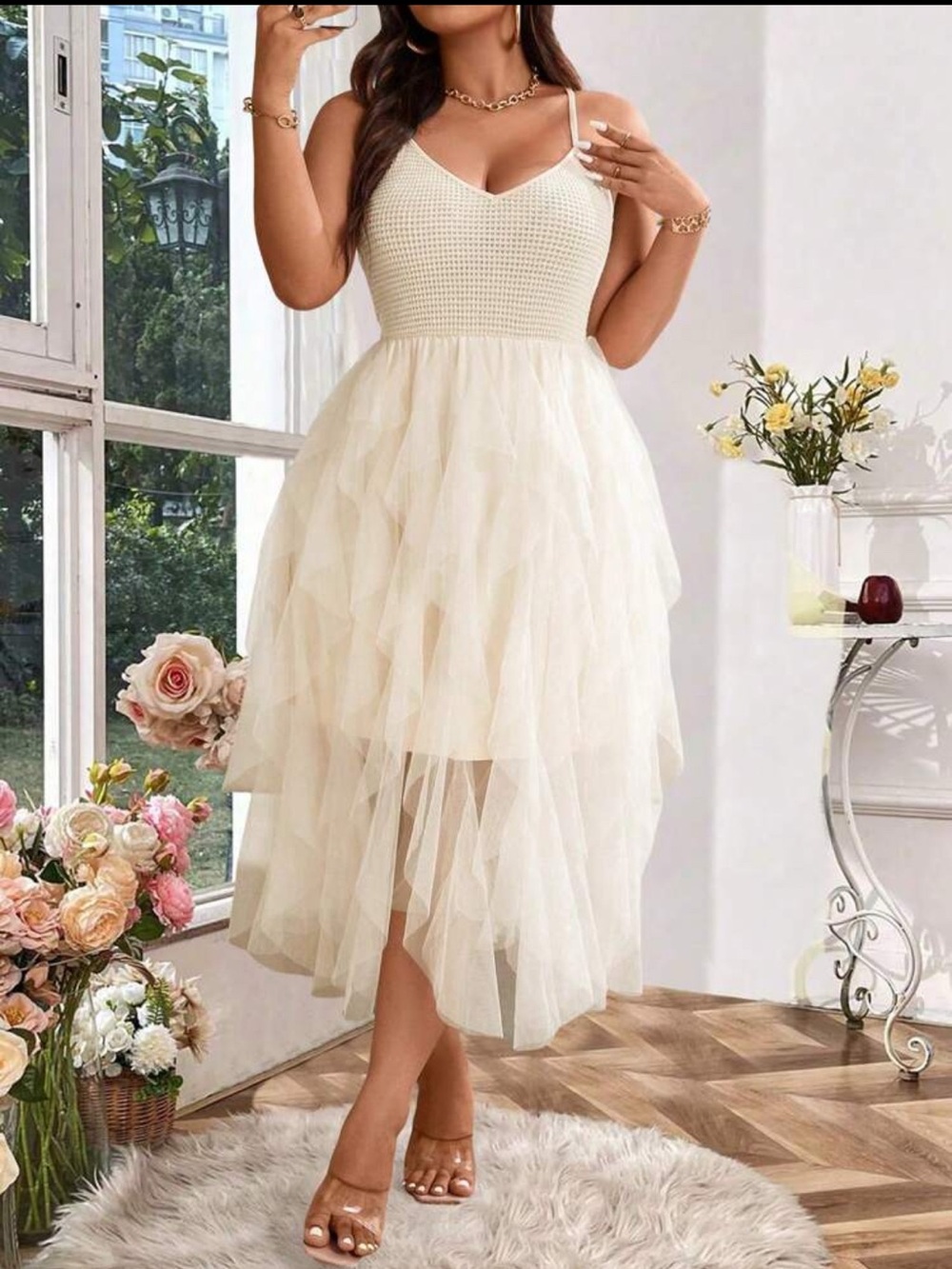 SHEIN Ivory Spaghetti Strap Tulle Midi Dress